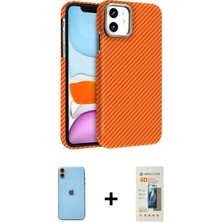 Cepte Toptan iPhone 11 Doruk Serisi - Siyah 6d Mat Seramik Hayalet Nano Ekran Koruyucu + Turuncu Neon Fosforlu Kamera Lens
