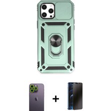 Cepte Toptan iPhone 12 Pro Max Ahenk Klasik - Siyah 3D Antistatik Hayalet Cam Ekran Koruyucu + Yeşil Neon Fosforlu Kamera Lens