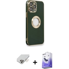 iPhone 14 Pro Max Iz Form Serisi - Siyah Bilvis 5in1 5d Magic Hayalet Cam Ekran Koruyucu + Gold Band Metal Kamera Lens