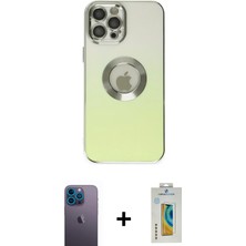 Cepte Toptan iPhone 12 Pro Max Kutup Yansıma Özel Seri - Siyah Polymer Nano Ekran Koruyucu + Mavi Neon Fosforlu Kamera Lens