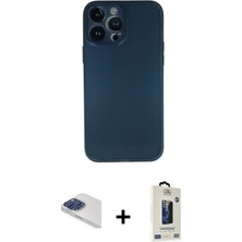 iPhone 13 Pro Max Yadigar Yansıma Serisi - Siyah Bilvis Hayalet Cam Ekran Koruyucu + Lacivert Pers Alüminyum Kamera Lens