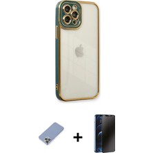 iPhone 12 Pro Çekirdek Klasik Serisi - Siyah 3D Antistatik Hayalet Cam Ekran Koruyucu + Koyu Yeşil Metal Kamera Lens Koruma Cam