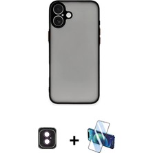 iPhone 16 Ahenk Çizgi Serisi - Siyah 3D Antistatik Seramik Nano Ekran Koruyucu + Pembe Pvd Metal Kamera Lens