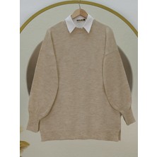 Moda Morfo Yuvarlak Yaka Balon Kol Salaş Triko Kazak  -Vizon