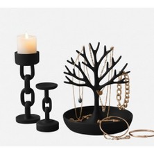Arcanium Dekoratif Ağaç Takı Standı ve Zincir Tasarım 2'li Şamdan Seti - Modern Takı Organize Edici & Mumluk
