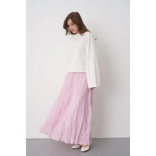 Minaaise Kadın Pembe Vual Kumaş Kırışık Uzun Astarlı Etek 29062