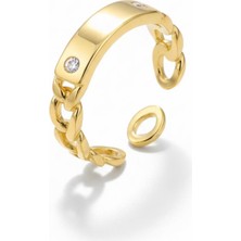Tesbihname Zirkon Taşlı Zincir Tasarım Gold Renk 925 Ayar Gümüş Kadın Yüzük
