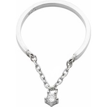 Tesbihname Zirkon Taşlı Zincirli Silver Renk 925 Ayar Gümüş Kadın Tektaş Yüzük