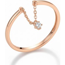 Tesbihname Zirkon Taşlı Zincirli Rose Renk 925 Ayar Gümüş Kadın Tektaş Yüzük