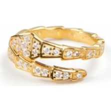 Tesbihname Zirkon Taşlı Snake Tasarım Gold Renk 925 Ayar Gümüş Kadın Yüzük