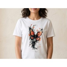 Alza Design Kadın Beyaz Bisiklet Yaka Sanatsal Kelebek Illüstrasyon Baskılı Tişört