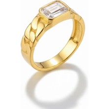 Tesbihname Beyaz Zirkon Taşlı Zincir Tasarım Gold Renk Free Size 925 Ayar Gümüş Kadın Tektaş Yüzük