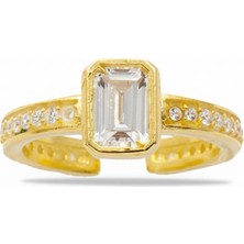 Tesbihname Baget Kesim Beyaz Zirkon Taşlı Gold Renk Free Size 925 Ayar Gümüş Kadın Tektaş Yüzük