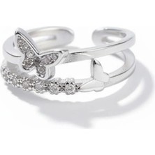 Tesbihname Beyaz Zirkon Taşlı Kelebek Detaylı Silver Renk Free Size 925 Ayar Gümüş Kadın Yüzük