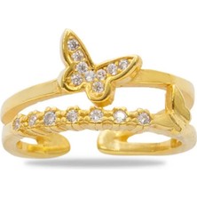 Tesbihname Beyaz Zirkon Taşlı Kelebek Detaylı Silver Renk Free Size 925 Ayar Gümüş Kadın Yüzük