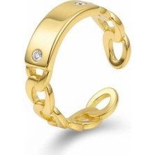 Tesbihname Zincir Tasarım Gold Renk Free Size 925 Ayar Gümüş Kadın Tektaş Yüzük
