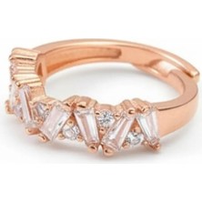 Tesbihname Beyaz Zirkon Taşlı Asimetrik Tasarım Rose Renk Free Size 925 Ayar Gümüş Kadın Yüzük