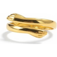 Tesbihname Anne-Bebek Eli Detaylı Gold Renk Free Size 925 Ayar Gümüş Kadın Yüzük