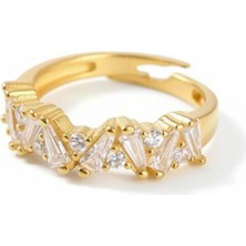 Tesbihname Beyaz Zirkon Taşlı Asimetrik Tasarım Gold Renk Free Size 925 Ayar Gümüş Kadın Yüzük