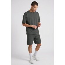 Haki Oversize Fit Basic Erkek Şort Takım - 85292