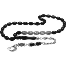 Tesbihname Kararmaz Metal Püsküllü Kişiye Özel Isim Yazılı Siyah Sıkma Kehribar Tesbih