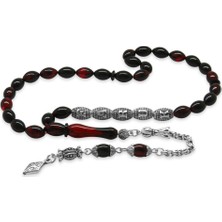 Tesbihname Kararmaz Metal Püsküllü Kişiye Özel Isim Yazılı Kırmızı-Siyah Ateş Kehribar Tesbih