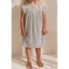 Nakışlı Organik Müslin Elbise 2-8 Yaş Su Yeşili