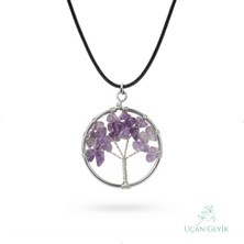 Uçan Geyik Hayat Ağacı Ametist Doğal Taş Kolye - Siyah Paslanmaz Çelik | Pozitif Aura, Konsantrasyon, Ruhsal Denge - Kadın Takı
