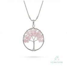 Uçan Geyik Hayat Ağacı Pembe Kuvars Doğal Taş Kolye - Paslanmaz Çelik | Sevgi, Huzur, Ruhsal Denge - Kadın Takı
