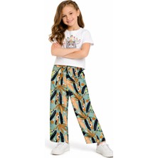 Poppins Kız Çocuk Kedi Desenli Kısa(Crop) Tişörtlü Yeşil Renk Tişört Pantolon Takımı