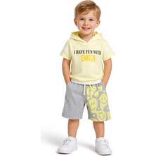 Selfie Kids Erkek Çocuk Emoji Yazılı Smile Desenli Kapüşonlu Sarı Renk Şortlu Takım