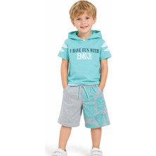 Selfie Kids Erkek Çocuk Emoji Yazılı Smile Desenli Kapüşonlu Açık Mavi Renk Şortlu Takım
