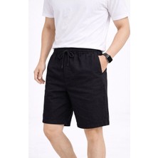 Velmora Fashion Erkek Keten Kumaş Cepli Rahat Kesim Bel Lastikli Şort - Siyah