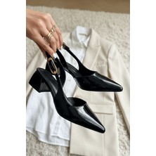 Divolya Aura Siyah Rugan (4 cm Topuk Boyu ) Sivri Burun Topuklu Babet Ayakkabı