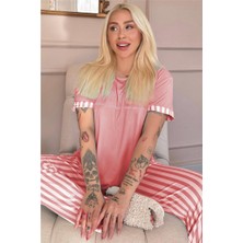 Pijama Evi Pudra Positive Desenli Bambu Kısa Kol Kadın Pijama Takımı