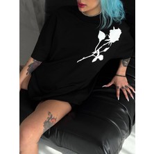 Velmora Fashion Bisiklet Yaka Baskılı Oversize T-Shirt - Siyah -