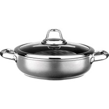 Yvz Store Titanium 24CM Sığ Tencere, Çelik Kulp, Özel Çerçeveli Cam Kapak Metalik Gri
