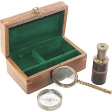 Ahşap Kutu Pirinç Pusula Dürbün Büyüteç Seti