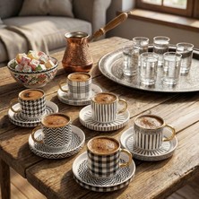 Esplendor Store 6 Kişilik Porselen Türk Kahvesi Fincan Takımı - Siyah Beyaz Geometrik Desenli, Kulplu 12 Parça Lüks Sunum Seti