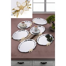Ahir Ticaret 6 Adet Papatya Aksesuarlı Oval Gümüş 20X25 cm Paslanmaz Çelik Kahve-Sunum Tepsisi