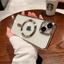 Esplendor Store 13 Için ile Uyumlu Arka Kısmı Parlak Şeffaf Yapıya Sahip Kenarları Silikon Yapılı Güçlendirilmiş Mıknatıslı Kamera Lens Koruyuculu Kablosuz Şarj Destekli Kılıf (Altın Rengi)