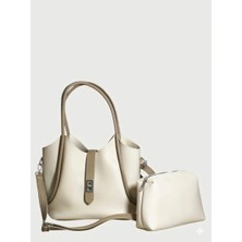 Kadın Krem Vizon Çift Renkli Makyaj Çantalı Kilit Kapama Detaylı Çapraz Askılı El ve Omuz Çantası