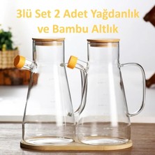 3 Parça Bambu Kapaklı ve Bambu Standlı Borosilikat Cam Yağdanlık Seti