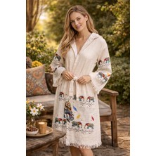 Fil Desenli Baskılı Pamuklu Müslin Kapüşonlu Kimono Bornoz Kaftan Sabahlık
