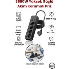 Yussraw 4 Priz + 2 USB (2 Type-C) Akım Korumalı Anahtarlı Uzatma Kablosu – 2 Metre