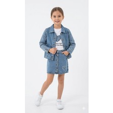 HaanBebe Kız Çocuk Desenli Denim Ceket ve Etekli 3’lü Takım - Nakış Detaylı Kot Takım