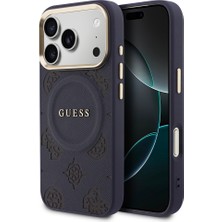 iPhone 17 Pro Kılıf Guess Lisanslı M-Safe Sıcak Baskılı Yazı Logolu Pu Deri Peony Kapak Lacivert