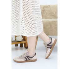 Emax Kadın Spor Ayakkabı Kahverengi Çizgili Desenli Günlük Rahat Tabanlı Ortopedik Bağcıklı Sneaker