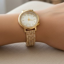 Stil İncisi Stil Incisi Gold Luxury Watch, Beyaz Zirkon Taşlı Çelik Saat