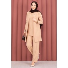 TK Kimonolu Tesettür Üçlü Takım Vizon